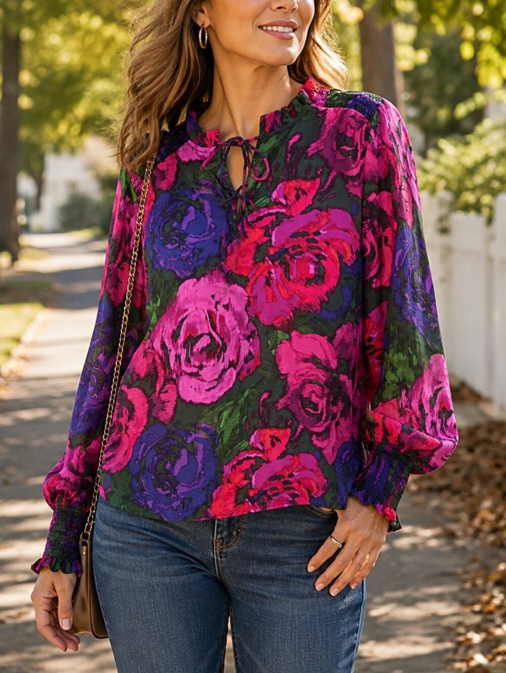 NWT B.Young Vivid Pink Purple Floral Tie-Neck Boho Peasant Smocked Shoulder Top